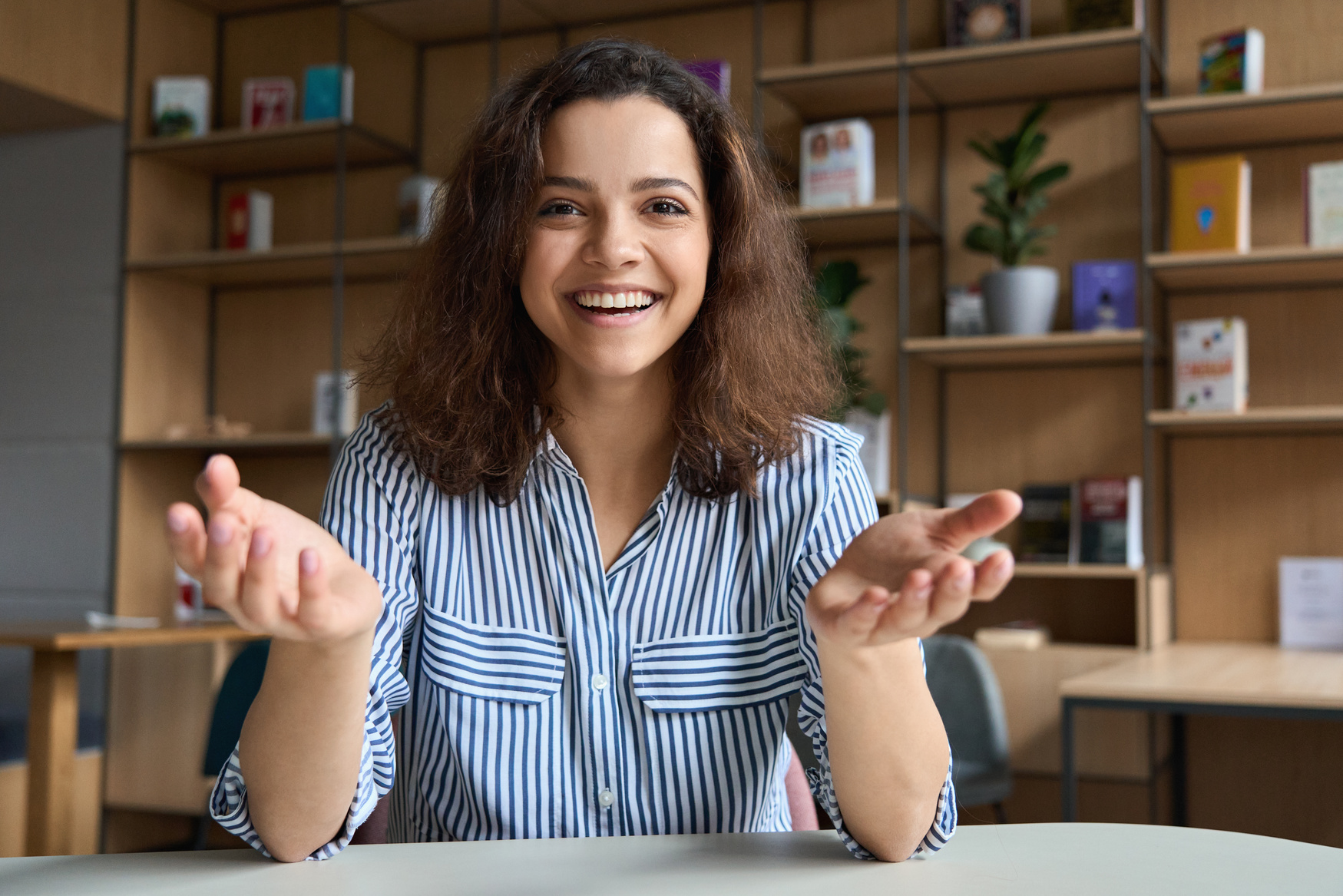 Woman Cheerfully Does Online Webinar Teaching